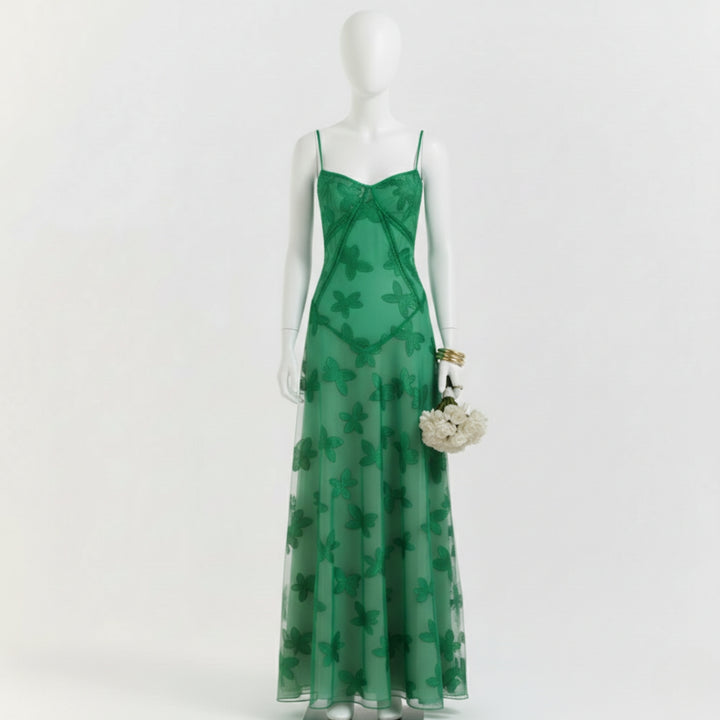 Women’s Floral Jacquard Spaghetti Strap Maxi Dress Corset Back Elegant Evening Gown