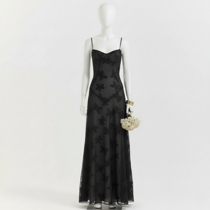 Women’s Floral Jacquard Spaghetti Strap Maxi Dress Corset Back Elegant Evening Gown