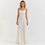 Women’s Floral Jacquard Spaghetti Strap Maxi Dress Corset Back Elegant Evening Gown