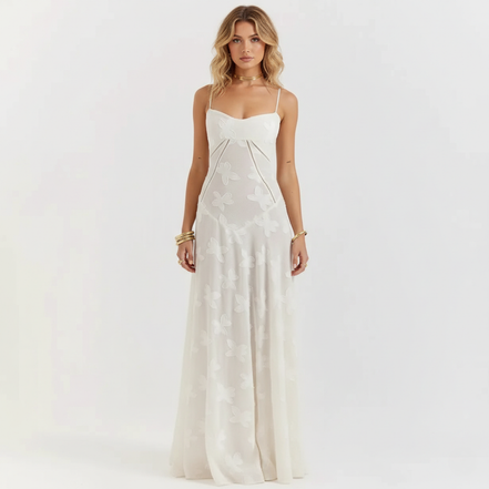 Women’s Floral Jacquard Spaghetti Strap Maxi Dress Corset Back Elegant Evening Gown