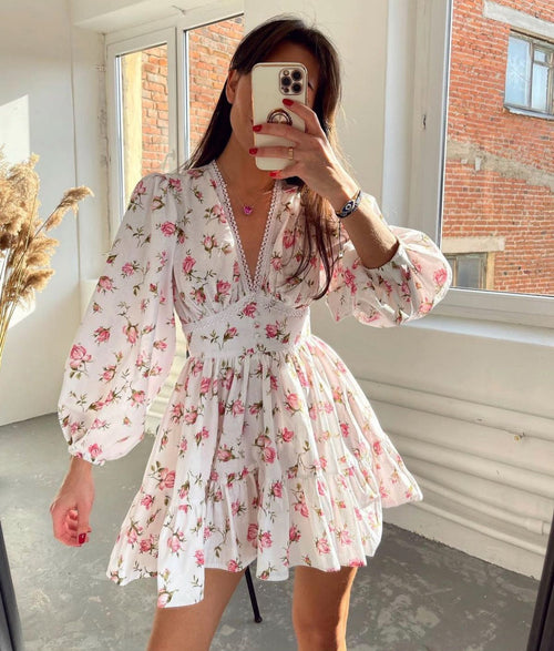 Women’s Floral Mini Dress – V-Neck Lace Trim Long Sleeve Style