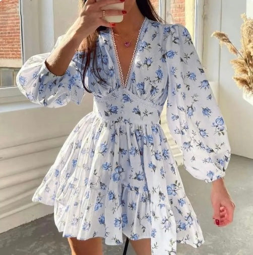 Women’s Floral Mini Dress – V-Neck Lace Trim Long Sleeve Style