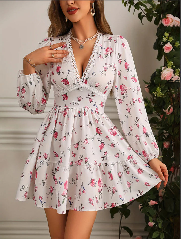 Women’s Floral Mini Dress – V-Neck Lace Trim Long Sleeve Style