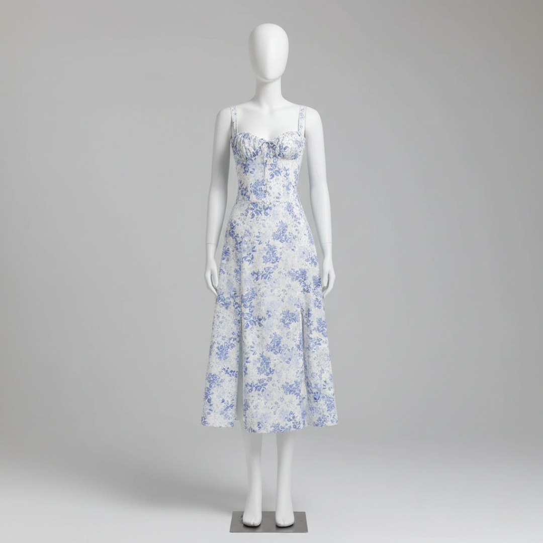 Women’s Floral Print Bustier Summer Dress Spaghetti Strap Corset Maxi Gown with Side Slit