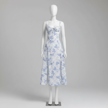 Women’s Floral Print Bustier Summer Dress Spaghetti Strap Corset Maxi Gown with Side Slit