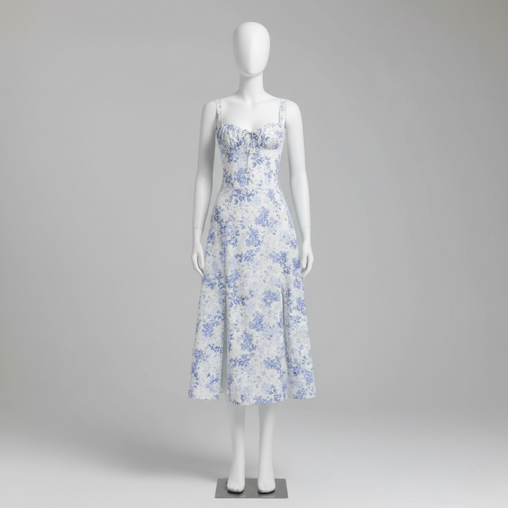 Women’s Floral Print Bustier Summer Dress Spaghetti Strap Corset Maxi Gown with Side Slit