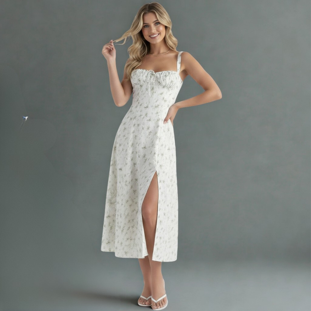 Women’s Floral Print Bustier Summer Dress Spaghetti Strap Corset Maxi Gown with Side Slit