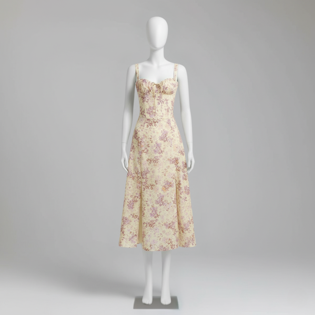 Women’s Floral Print Bustier Summer Dress Spaghetti Strap Corset Maxi Gown with Side Slit