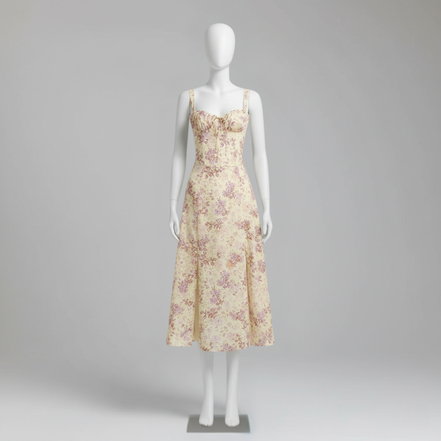 Women’s Floral Print Bustier Summer Dress Spaghetti Strap Corset Maxi Gown with Side Slit