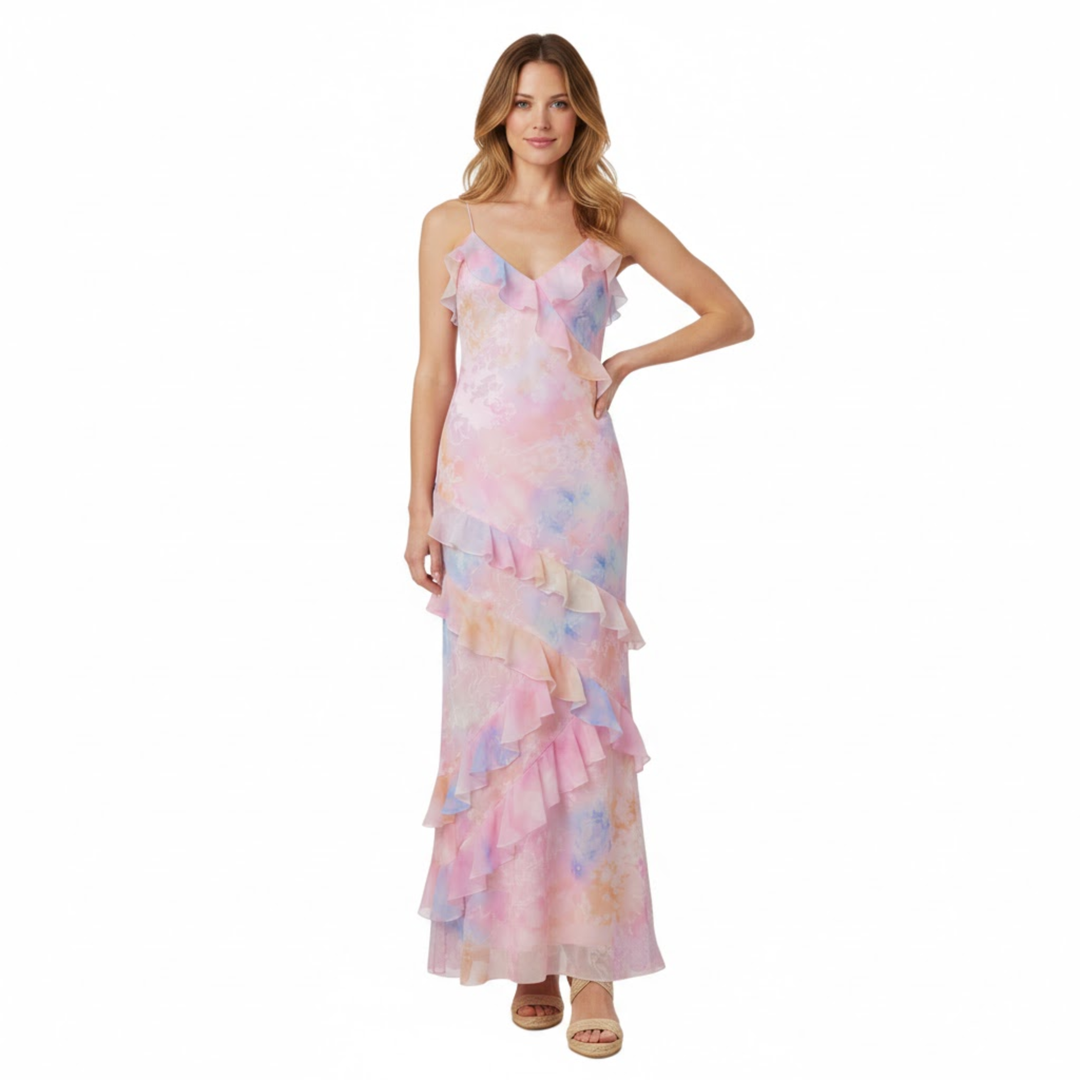 Model wearing flowy pink blue floral tiered maxi dress with ruffled neckline