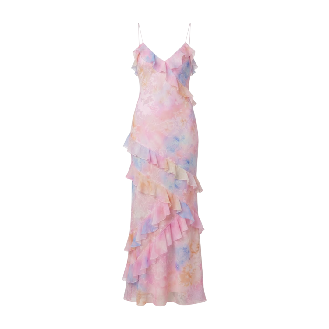Women's pastel floral ruffle maxi dress with spaghetti straps and V-neckline
