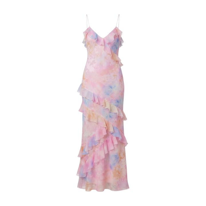 Women's pastel floral ruffle maxi dress with spaghetti straps and V-neckline
