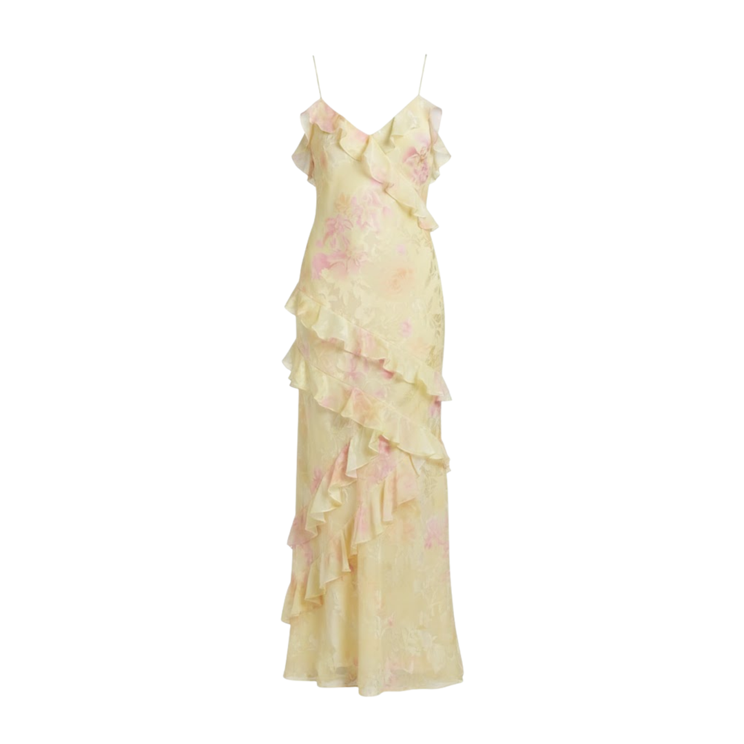Yellow base floral print women's asymmetrical ruffle maxi dress flat lay