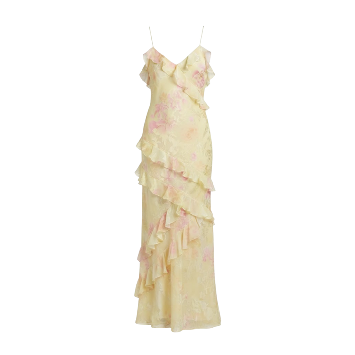Yellow base floral print women's asymmetrical ruffle maxi dress flat lay