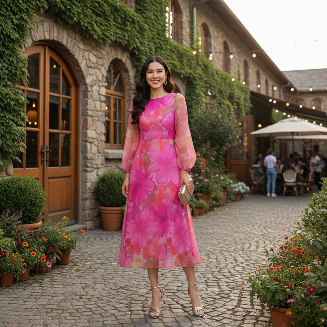 Women’s Floral Sheer Puff Sleeve Maxi Dress Round Neck Elegant Layered Gown