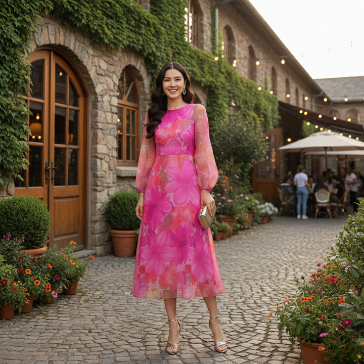 Women’s Floral Sheer Puff Sleeve Maxi Dress Round Neck Elegant Layered Gown