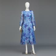 Women’s Floral Sheer Puff Sleeve Maxi Dress Round Neck Elegant Layered Gown