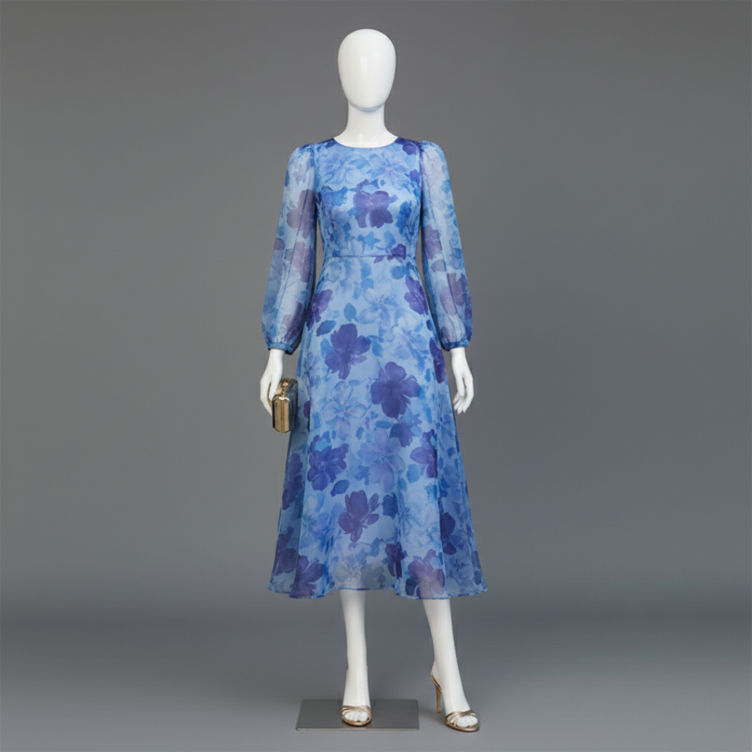 Women’s Floral Sheer Puff Sleeve Maxi Dress Round Neck Elegant Layered Gown