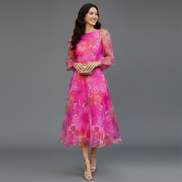 Women’s Floral Sheer Puff Sleeve Maxi Dress Round Neck Elegant Layered Gown