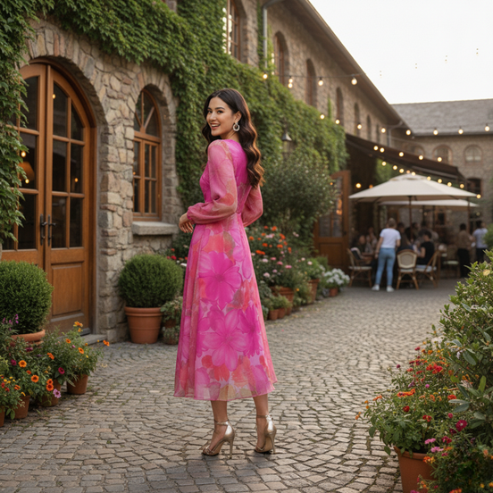 Women’s Floral Sheer Puff Sleeve Maxi Dress Round Neck Elegant Layered Gown