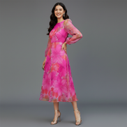 Women’s Floral Sheer Puff Sleeve Maxi Dress Round Neck Elegant Layered Gown