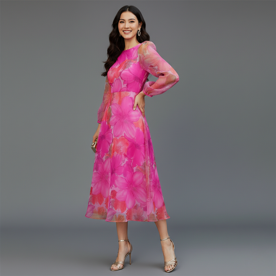 Women’s Floral Sheer Puff Sleeve Maxi Dress Round Neck Elegant Layered Gown