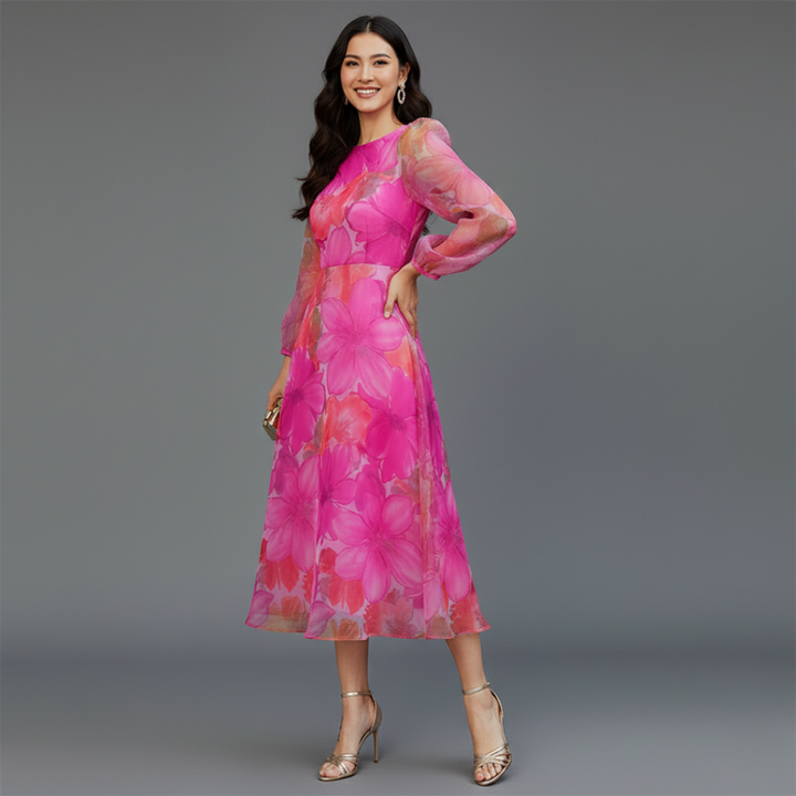 Women’s Floral Sheer Puff Sleeve Maxi Dress Round Neck Elegant Layered Gown