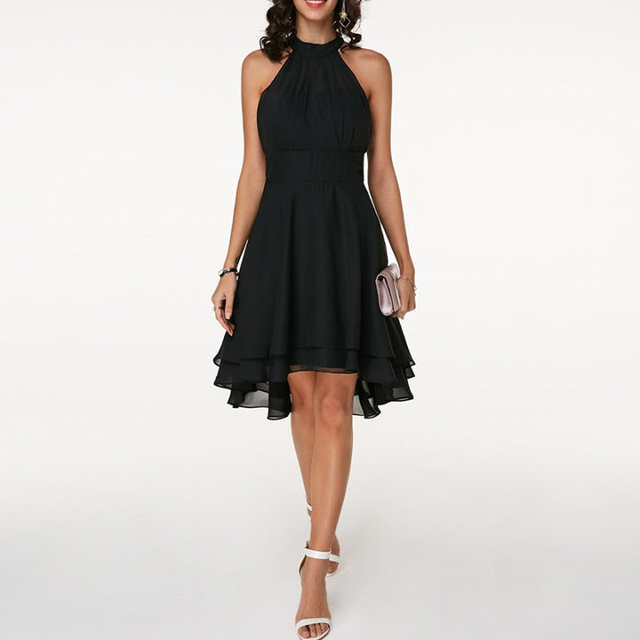 Black halter neck mini dress with high neckline and flared asymmetrical hem