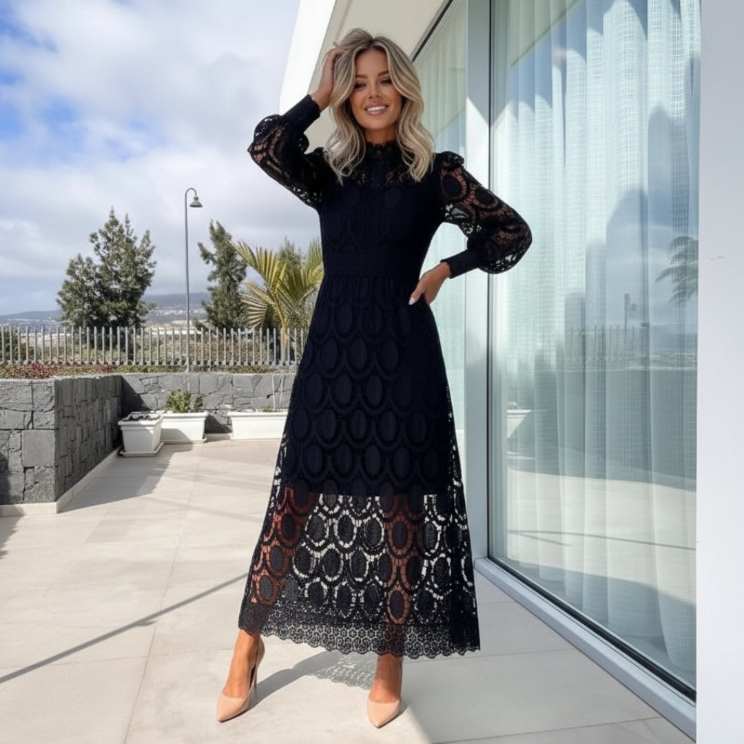 Women’s High Neck Lace Maxi Dress Puff Sleeve Elegant Indoor Formal Gown