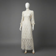 Women’s High Neck Lace Maxi Dress Puff Sleeve Elegant Indoor Formal Gown