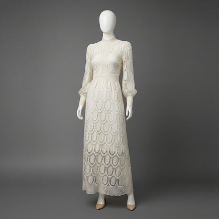 Women’s High Neck Lace Maxi Dress Puff Sleeve Elegant Indoor Formal Gown