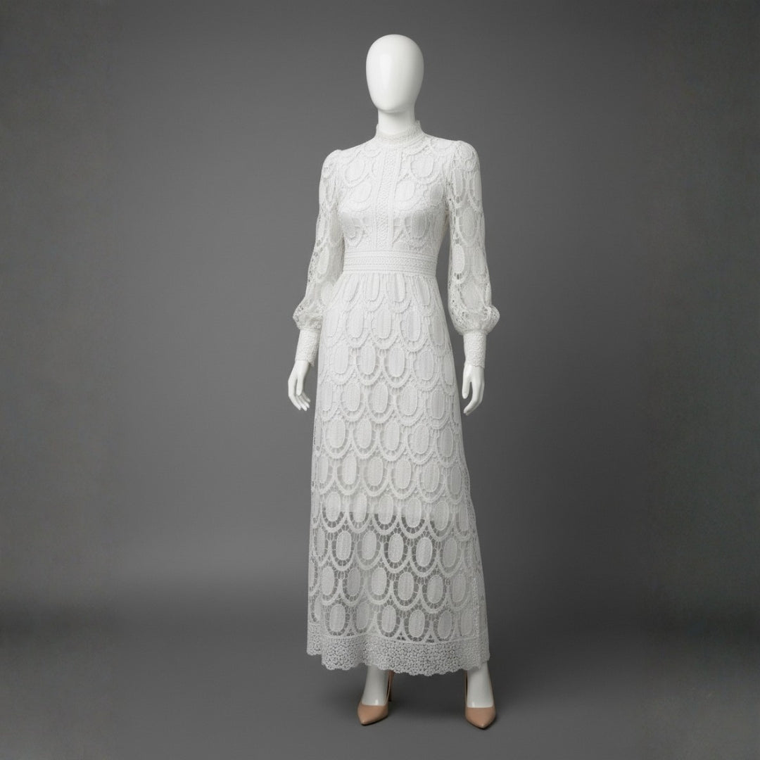 Women’s High Neck Lace Maxi Dress Puff Sleeve Elegant Indoor Formal Gown