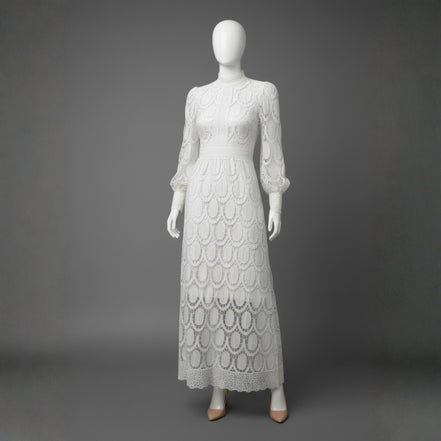 Women’s High Neck Lace Maxi Dress Puff Sleeve Elegant Indoor Formal Gown