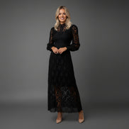 Women’s High Neck Lace Maxi Dress Puff Sleeve Elegant Indoor Formal Gown