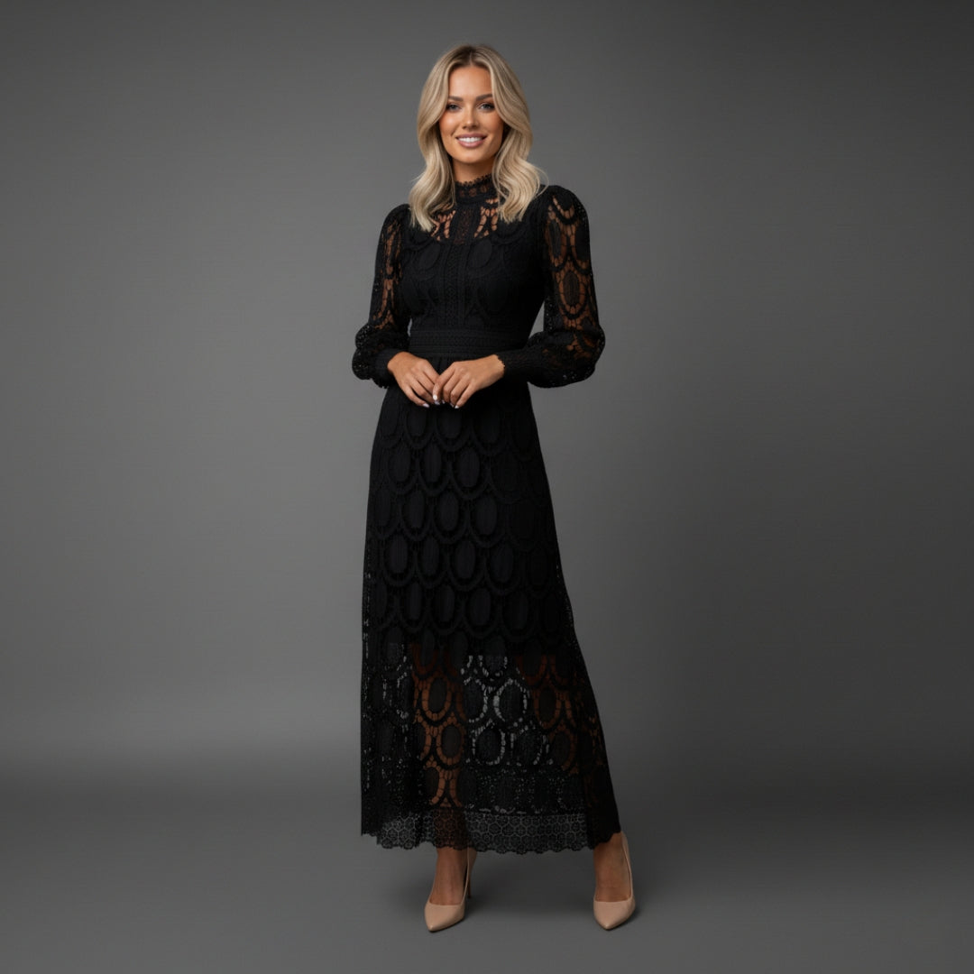 Women’s High Neck Lace Maxi Dress Puff Sleeve Elegant Indoor Formal Gown
