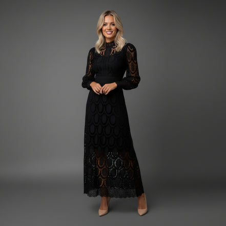Women’s High Neck Lace Maxi Dress Puff Sleeve Elegant Indoor Formal Gown