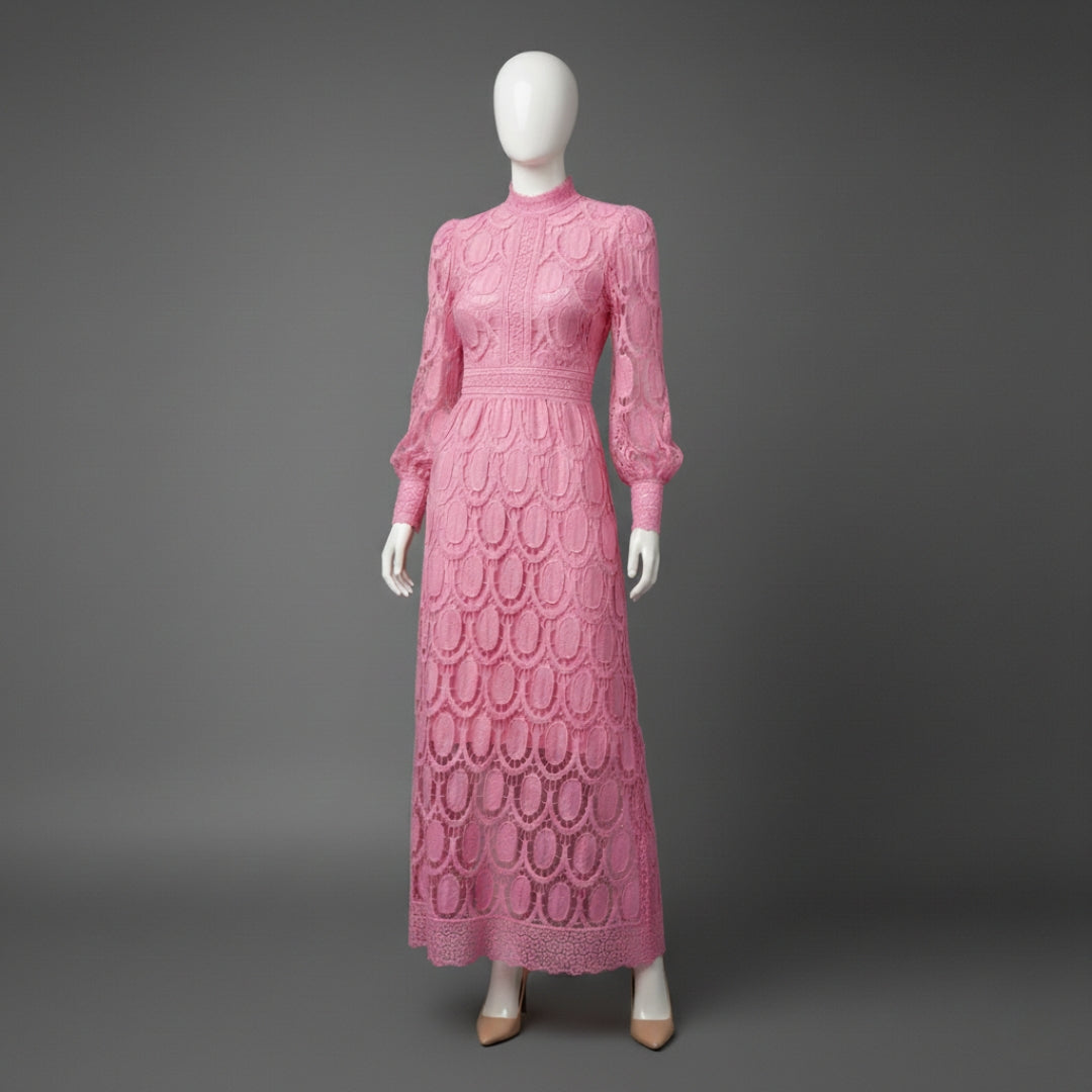 Women’s High Neck Lace Maxi Dress Puff Sleeve Elegant Indoor Formal Gown