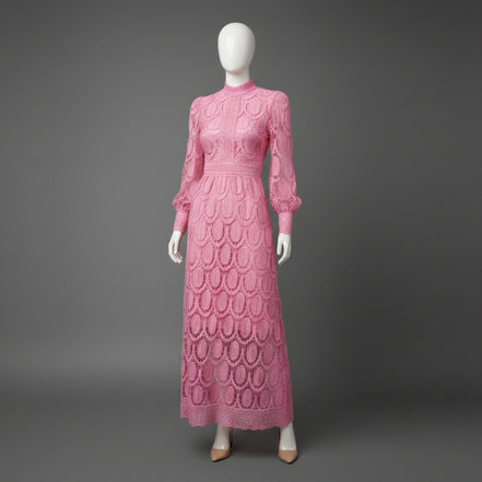 Women’s High Neck Lace Maxi Dress Puff Sleeve Elegant Indoor Formal Gown