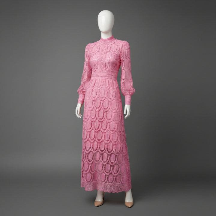 Women’s High Neck Lace Maxi Dress Puff Sleeve Elegant Indoor Formal Gown
