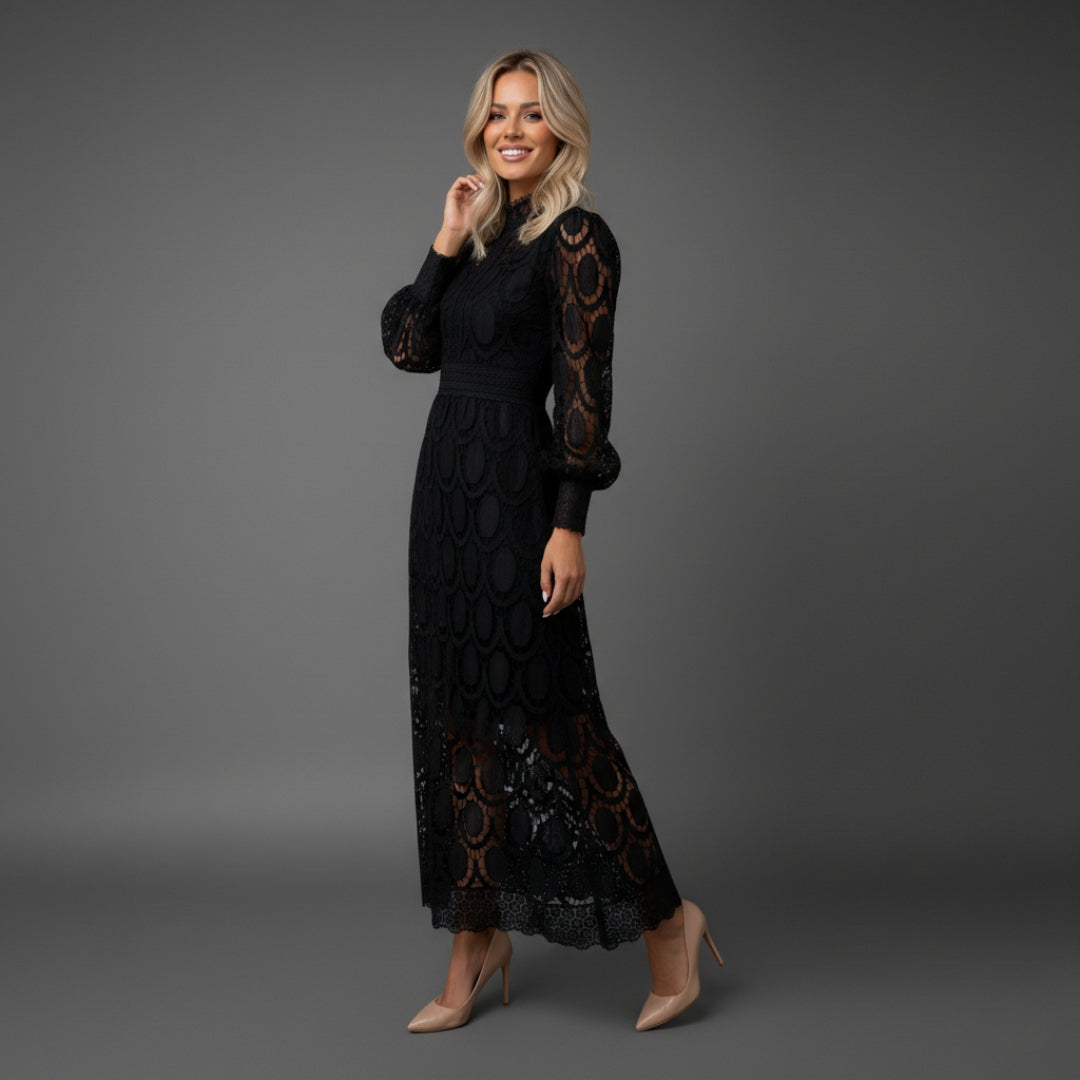 Women’s High Neck Lace Maxi Dress Puff Sleeve Elegant Indoor Formal Gown
