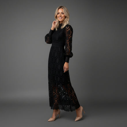 Women’s High Neck Lace Maxi Dress Puff Sleeve Elegant Indoor Formal Gown