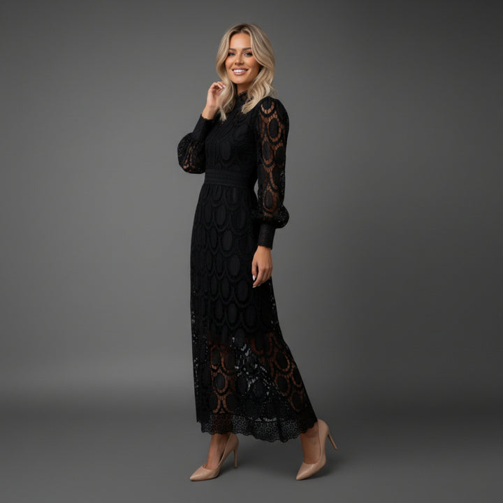 Women’s High Neck Lace Maxi Dress Puff Sleeve Elegant Indoor Formal Gown