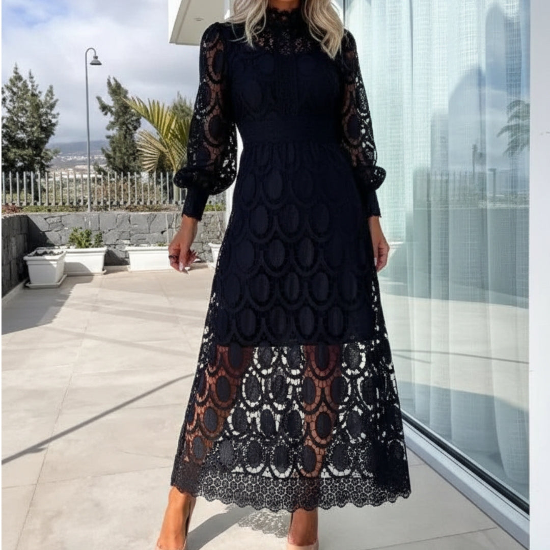 Women’s High Neck Lace Maxi Dress Puff Sleeve Elegant Indoor Formal Gown