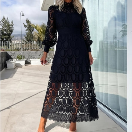 Women’s High Neck Lace Maxi Dress Puff Sleeve Elegant Indoor Formal Gown