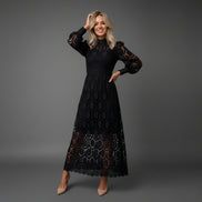 Women’s High Neck Lace Maxi Dress Puff Sleeve Elegant Indoor Formal Gown