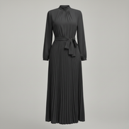 Women’s High Neck Pleated Maxi Dress Long Sleeve Belted Elegant A-Line Gown