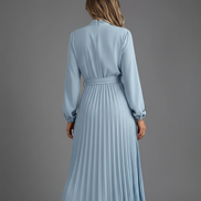 Women’s High Neck Pleated Maxi Dress Long Sleeve Belted Elegant A-Line Gown