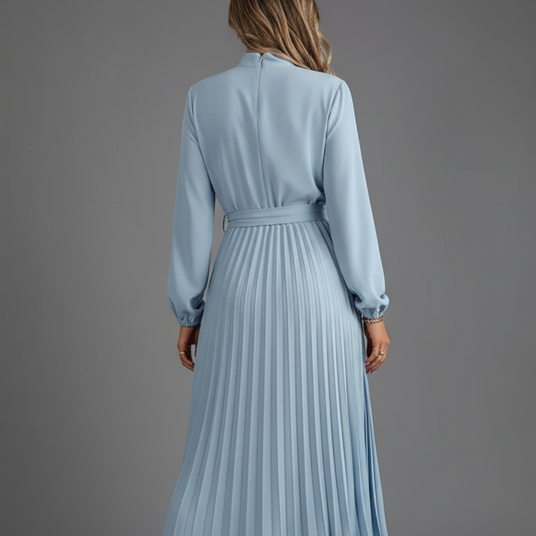 Women’s High Neck Pleated Maxi Dress Long Sleeve Belted Elegant A-Line Gown