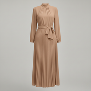 Women’s High Neck Pleated Maxi Dress Long Sleeve Belted Elegant A-Line Gown