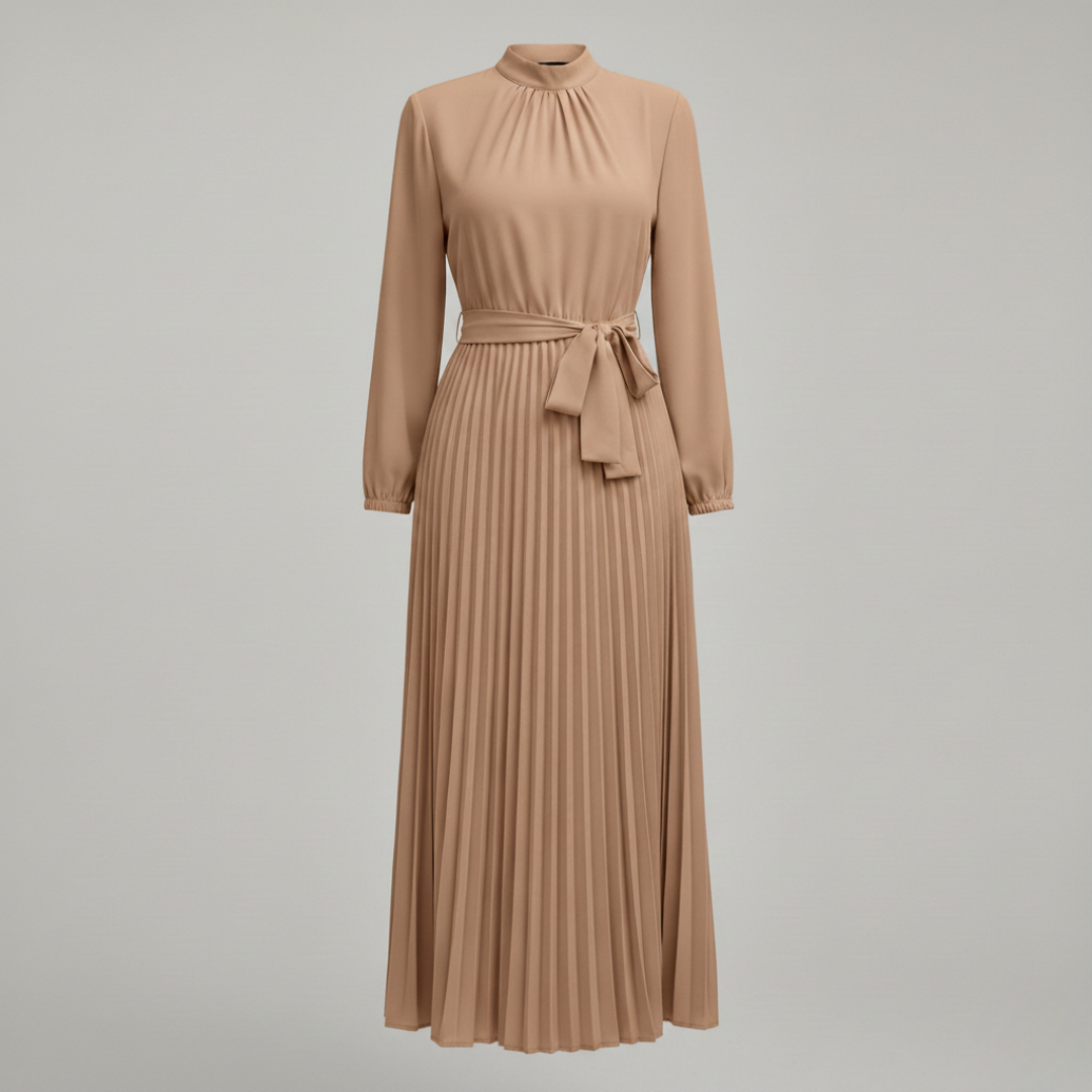 Women’s High Neck Pleated Maxi Dress Long Sleeve Belted Elegant A-Line Gown
